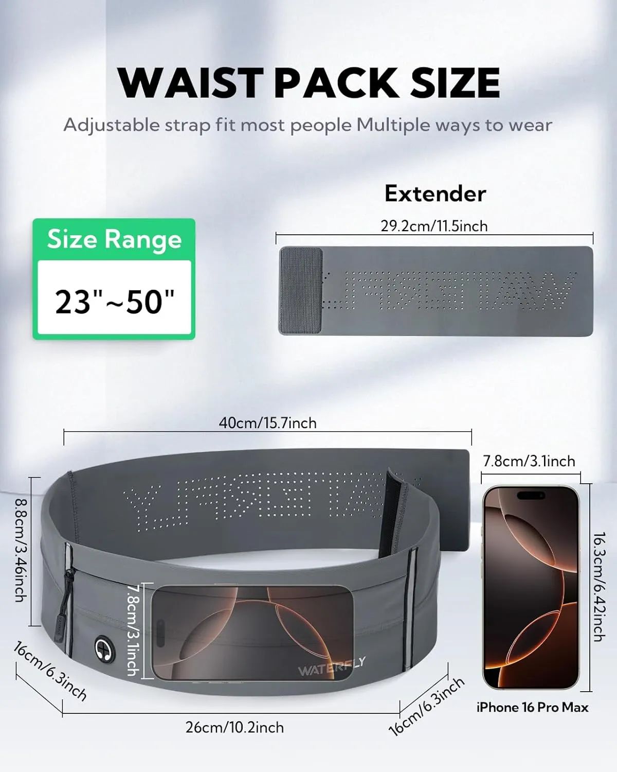WATERFLY Running Belt Fanny Pack: Slim Elastic Sport Workout Waistband for Men and Women, Jogging Runner Phone Holder Belt, Marathon Jogger Waist Bag