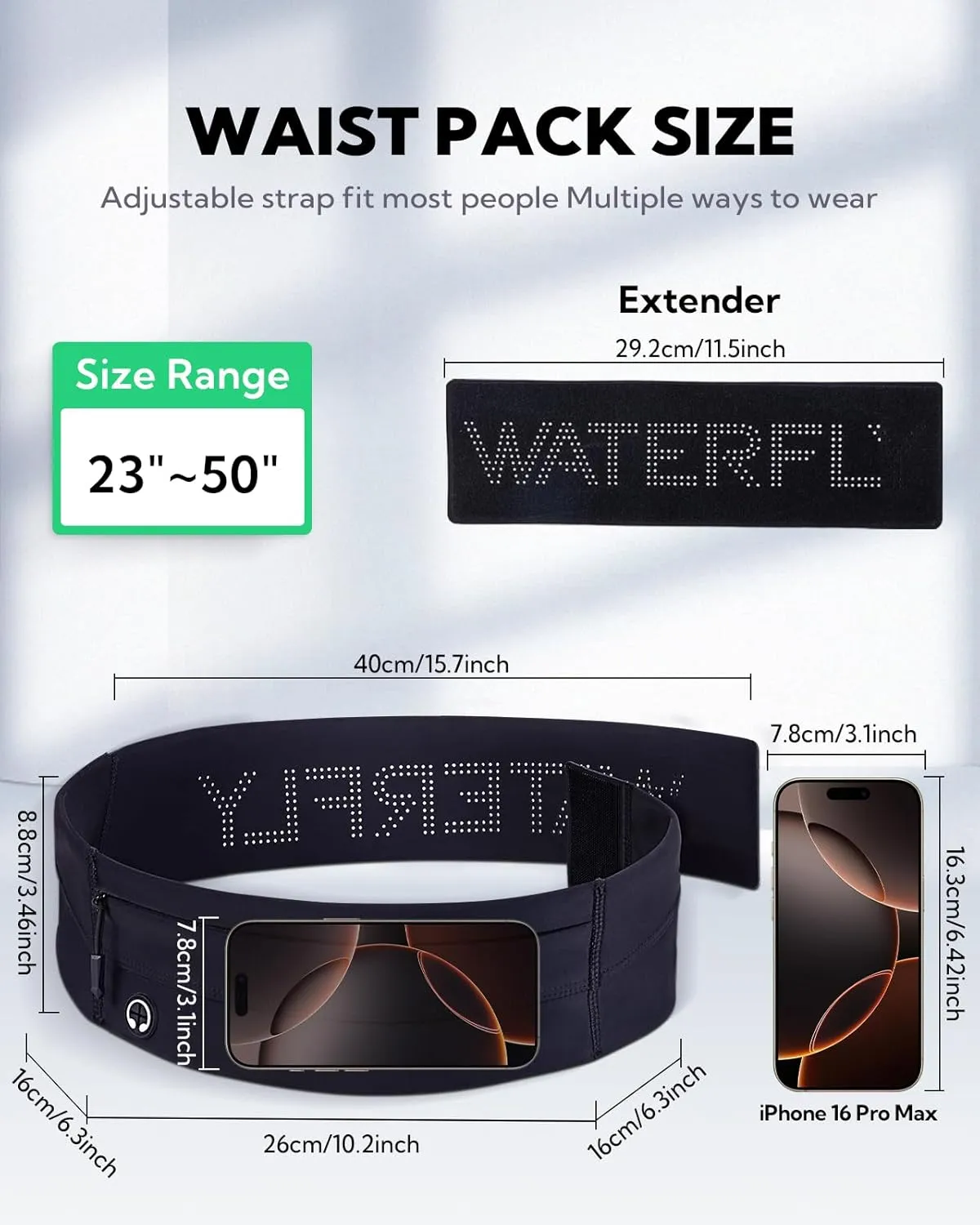 WATERFLY Running Belt Fanny Pack: Slim Elastic Sport Workout Waistband for Men and Women, Jogging Runner Phone Holder Belt, Marathon Jogger Waist Bag