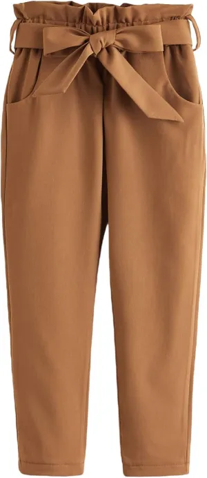 WDIRARA Girl's Paper Bag Waist Belted Pants Elastic Waist Pants with Pockets