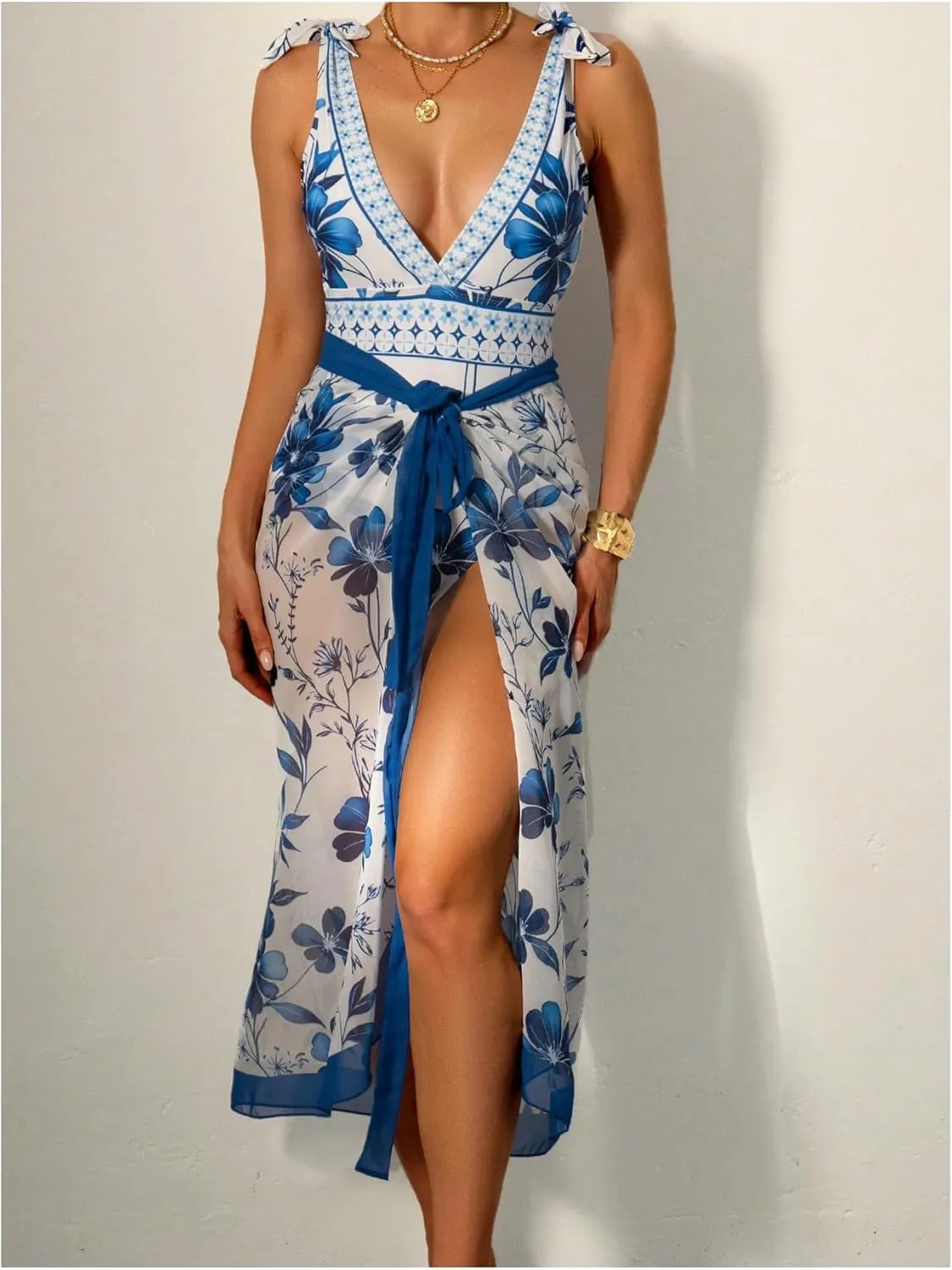 WDIRARA Women's 2 Piece Boho Floral Bathing Suit Tie Shoulder Deep V Neck One Piece Swimsuit with Beach Skirt