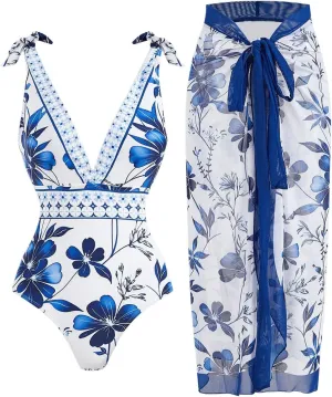WDIRARA Women's 2 Piece Boho Floral Bathing Suit Tie Shoulder Deep V Neck One Piece Swimsuit with Beach Skirt