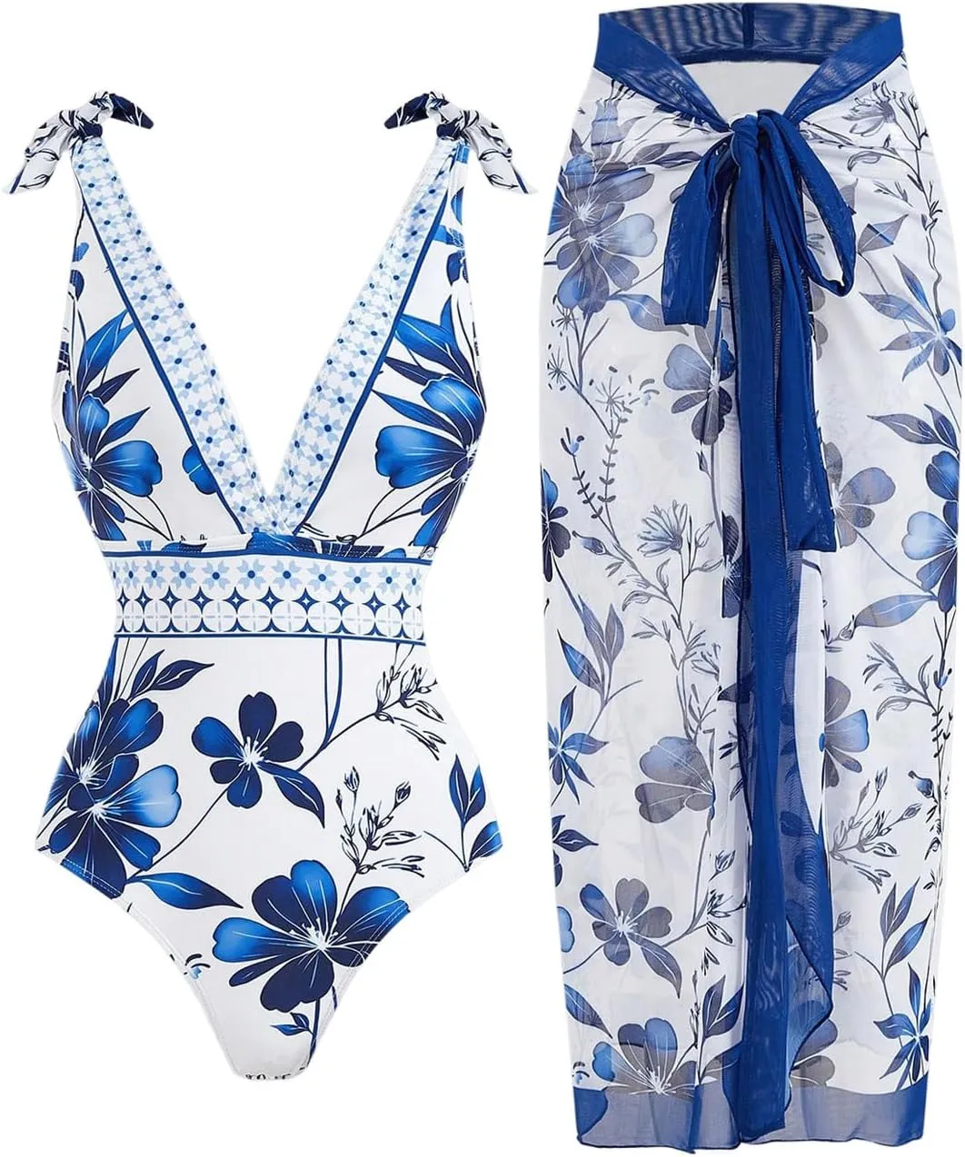 WDIRARA Women's 2 Piece Boho Floral Bathing Suit Tie Shoulder Deep V Neck One Piece Swimsuit with Beach Skirt