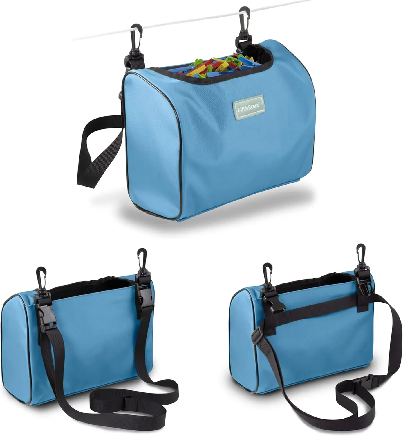 Wearable Clothespin Bag with Shoulder & Waist Strap. Double Secure Clips & Clever Quick Dry Mesh Clothes Pins Bag Holder. Clothes Pin Bag That Holds Up To 300 Medium Clothespins (Blue, Open Top)