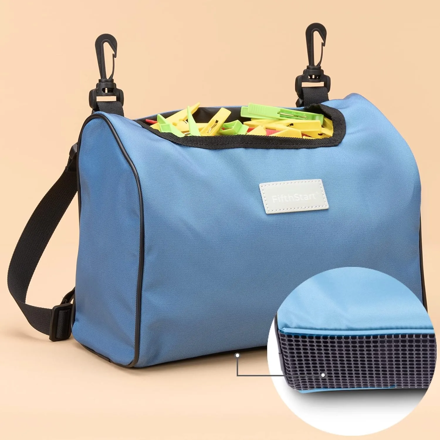 Wearable Clothespin Bag with Shoulder & Waist Strap. Double Secure Clips & Clever Quick Dry Mesh Clothes Pins Bag Holder. Clothes Pin Bag That Holds Up To 300 Medium Clothespins (Blue, Open Top)