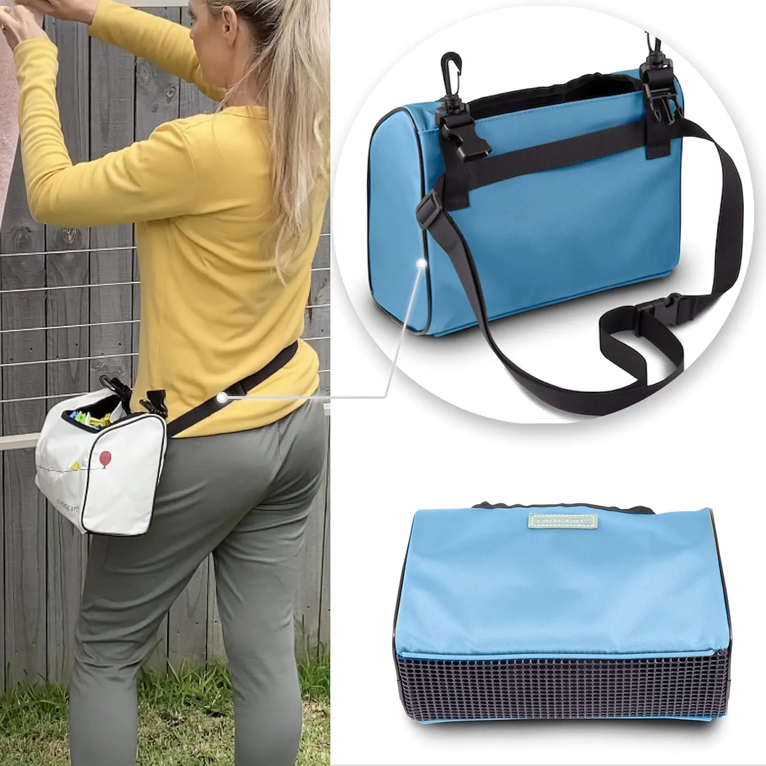 Wearable Clothespin Bag with Shoulder & Waist Strap. Double Secure Clips & Clever Quick Dry Mesh Clothes Pins Bag Holder. Clothes Pin Bag That Holds Up To 300 Medium Clothespins (Blue, Open Top)