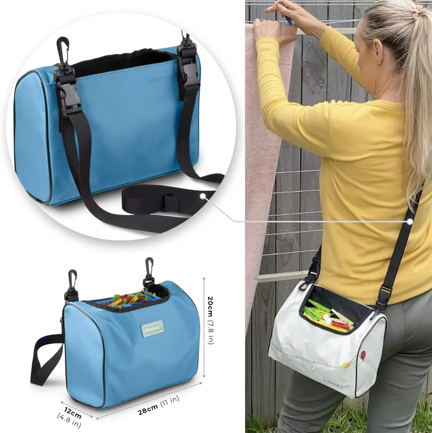 Wearable Clothespin Bag with Shoulder & Waist Strap. Double Secure Clips & Clever Quick Dry Mesh Clothes Pins Bag Holder. Clothes Pin Bag That Holds Up To 300 Medium Clothespins (Blue, Open Top)