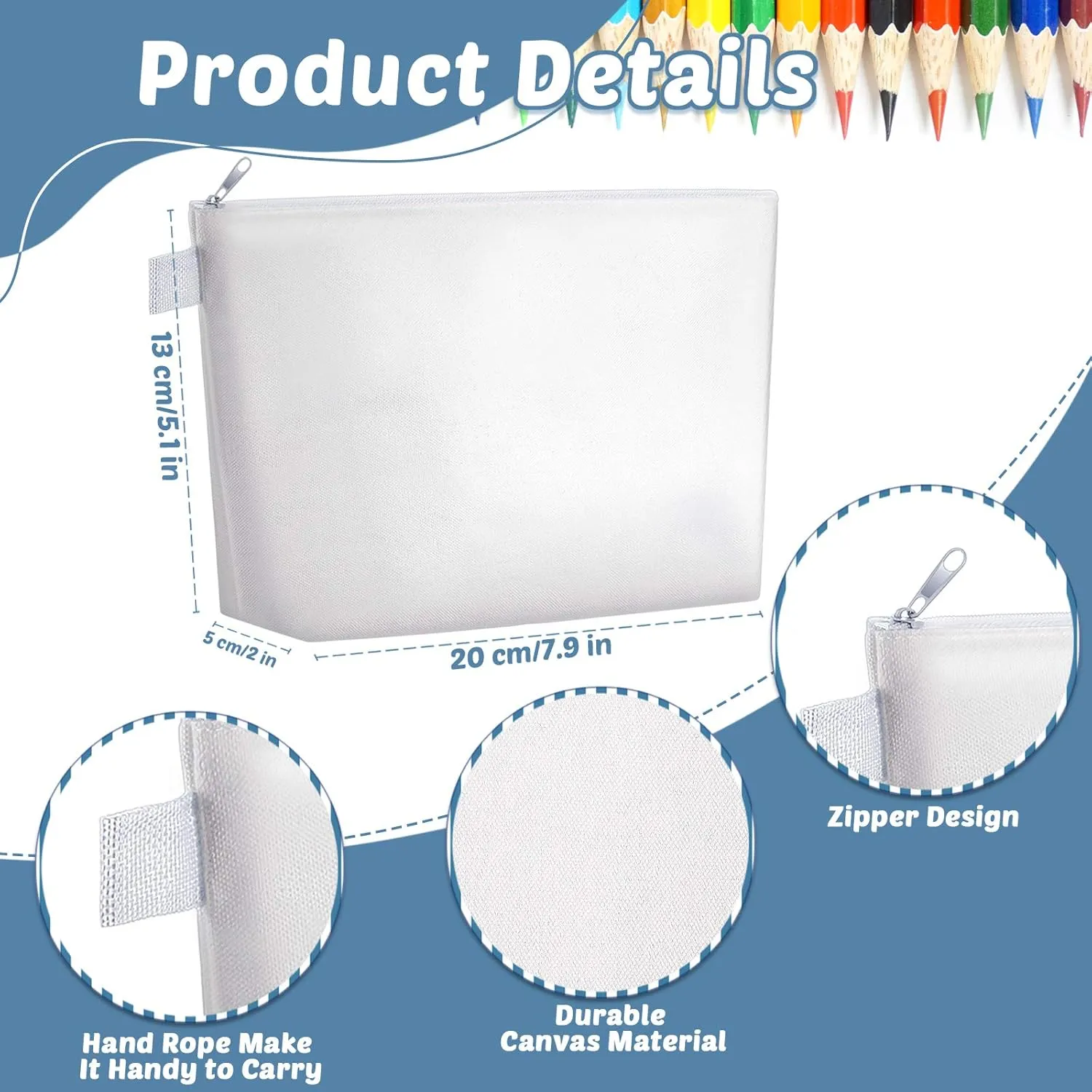 Weewooday 12 Pieces Sublimation Zipper Pouch Blank DIY Canvas Makeup Bags for Women Plain Cosmetic Pouch with Zipper for Travel Wedding Teacher Women Toiletry Makeup Cosmetic Stationery(White)