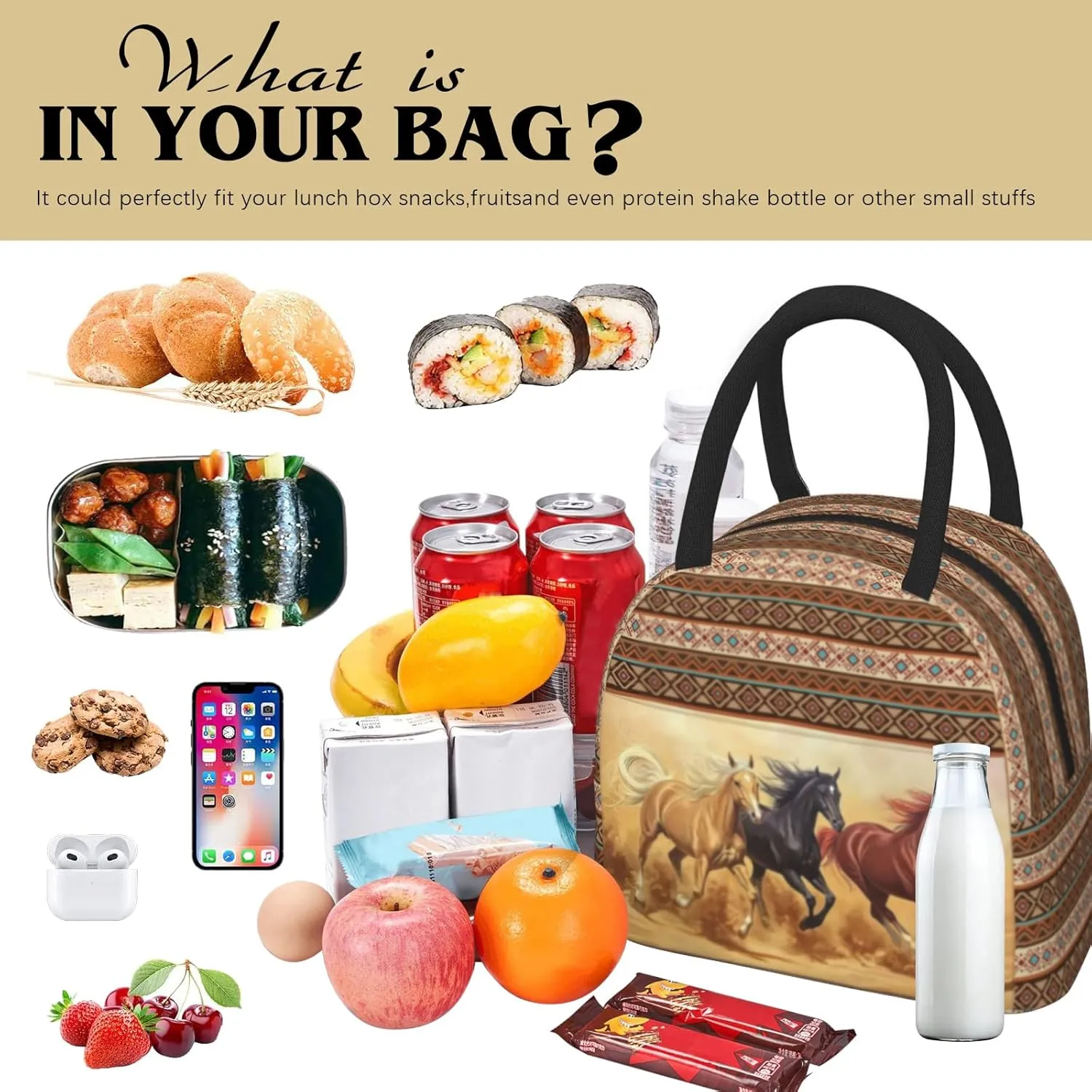Western Lunch Box for Women Insulated Horse Lunch Bag Reusable Cooler Bags Western Horse Lunch Box Large Containers Tote Bag for Women Men Picnic Travel Office Camping