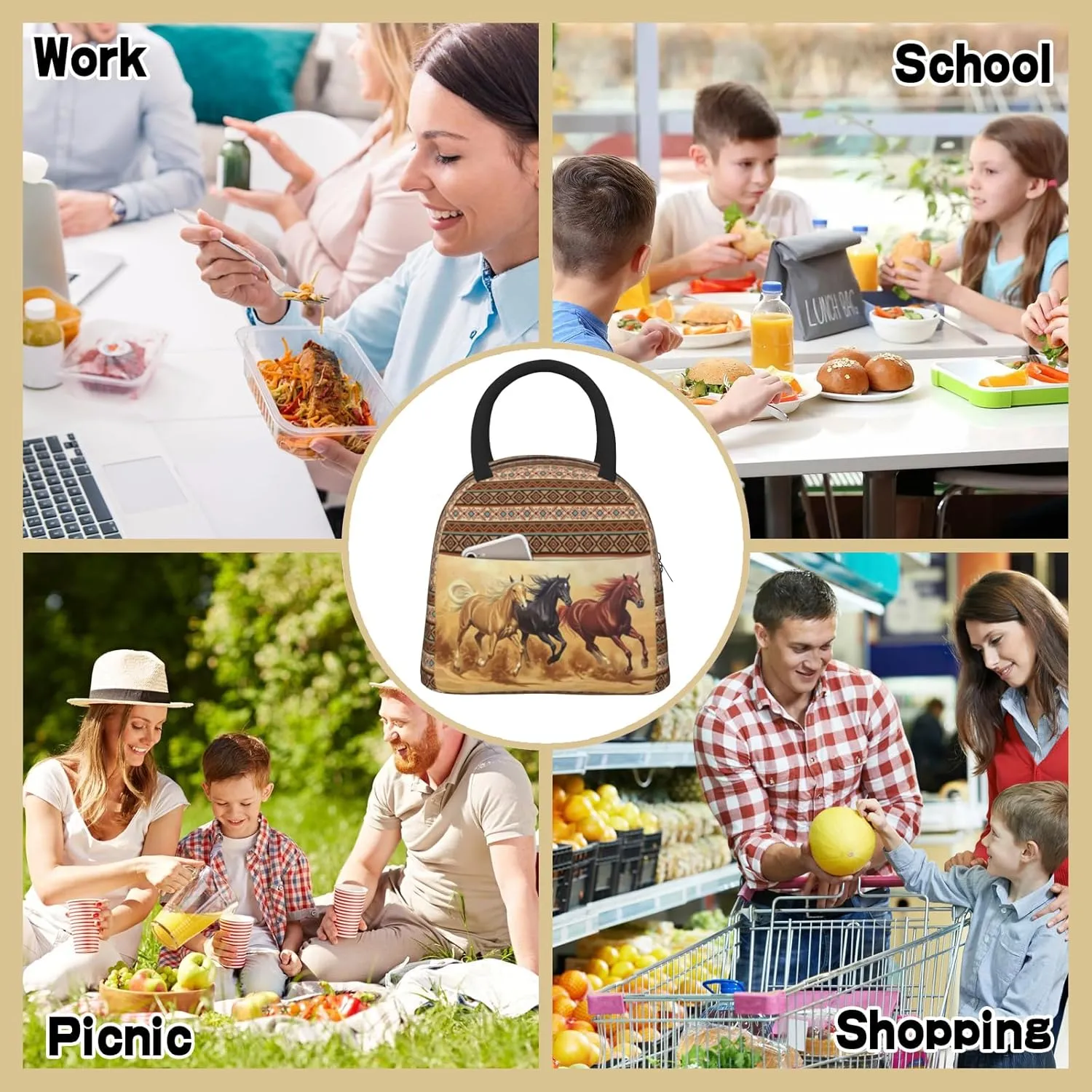Western Lunch Box for Women Insulated Horse Lunch Bag Reusable Cooler Bags Western Horse Lunch Box Large Containers Tote Bag for Women Men Picnic Travel Office Camping