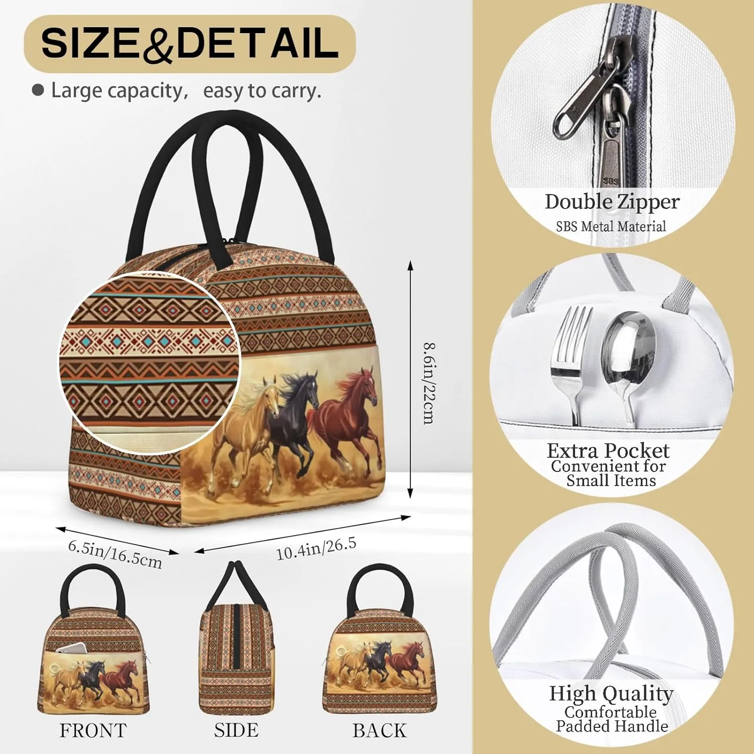 Western Lunch Box for Women Insulated Horse Lunch Bag Reusable Cooler Bags Western Horse Lunch Box Large Containers Tote Bag for Women Men Picnic Travel Office Camping