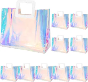 Whaline 10Pcs Holographic PVC Gift Bags 12.8 x 11.6 x 5.7 Inch Plastic Tote Bags with Handles Large Gift Wrap Bags Treat Bags for Wrapping Holiday Gifts Shopping Birthday Anniversary Party Supplies