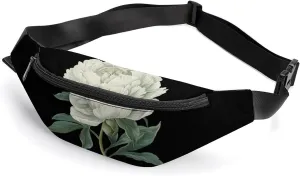 White Peony Flowers Crossbody Fanny Pack Waist Packs Adjustable Shoulder Bags Sling Bag for Hiking Running Cycling