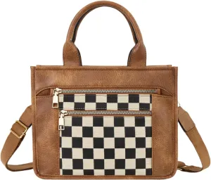 WJCD Women's Tote Handbags Stylish Vegan Leather Handheld Purse for Women Plaid Striped Adjustable Strap Durable Lightweight