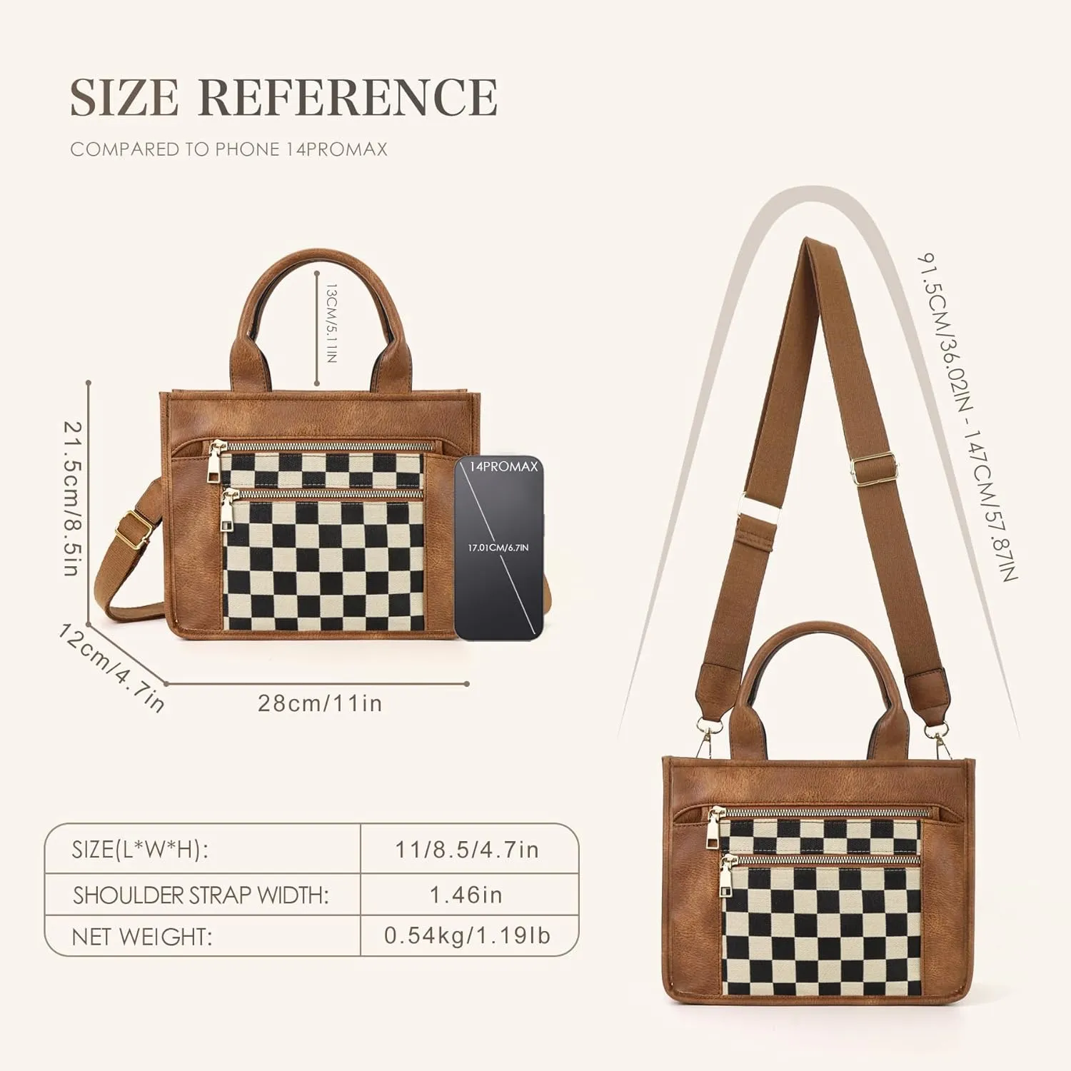 WJCD Women's Tote Handbags Stylish Vegan Leather Handheld Purse for Women Plaid Striped Adjustable Strap Durable Lightweight