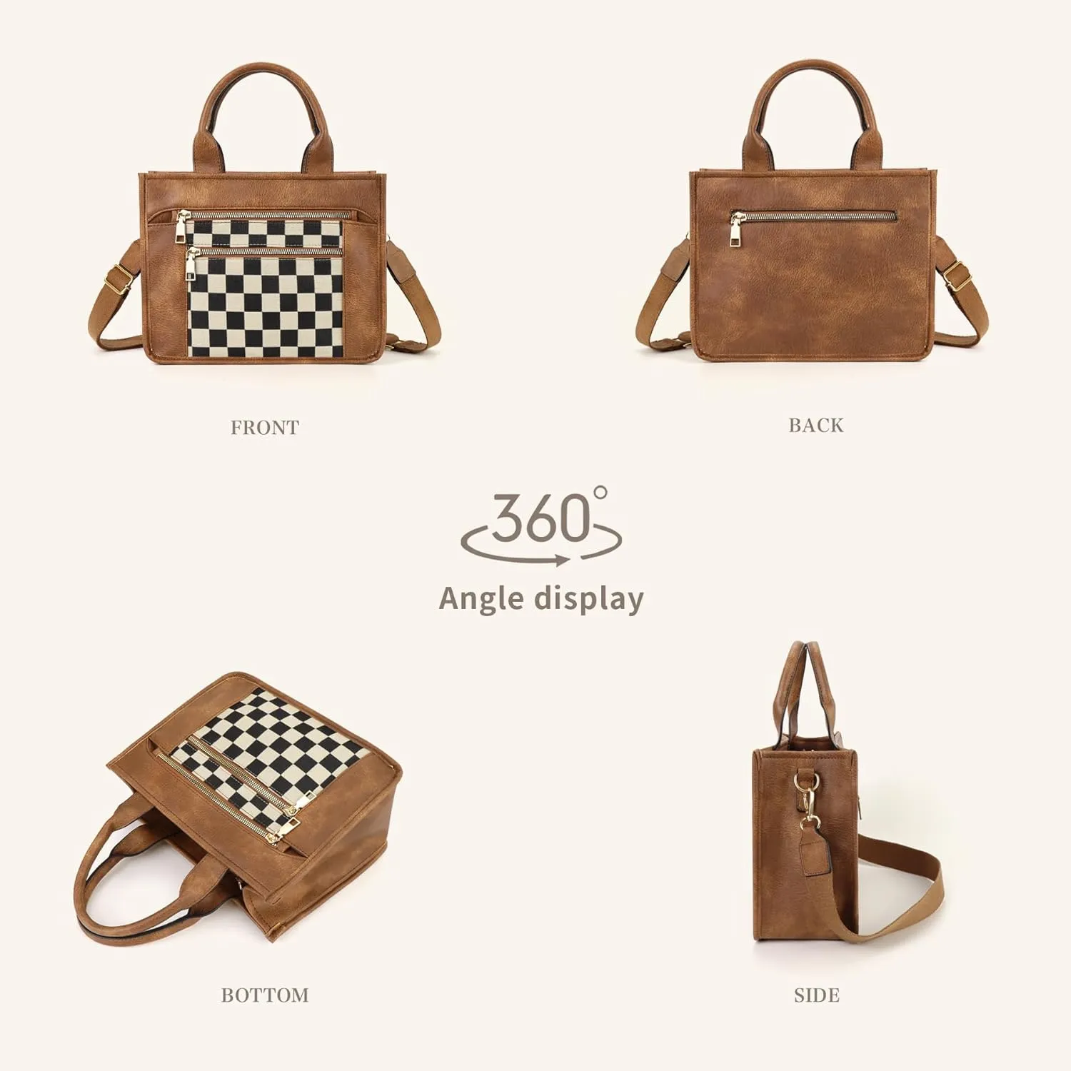 WJCD Women's Tote Handbags Stylish Vegan Leather Handheld Purse for Women Plaid Striped Adjustable Strap Durable Lightweight