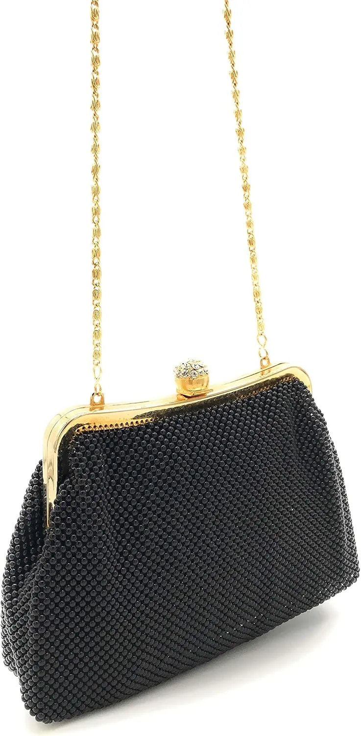 Women clutch metal beaded mesh evening purse bag for Cocktail Party Prom Wedding Banquet