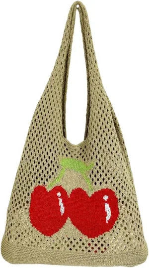 Women Cute Shoulder Bag Cherry Printed Knitting Shoulder Bag Large Capacity Travel Shopping Handbag Ladies Daily Han
