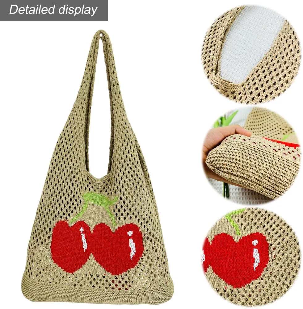 Women Cute Shoulder Bag Cherry Printed Knitting Shoulder Bag Large Capacity Travel Shopping Handbag Ladies Daily Han