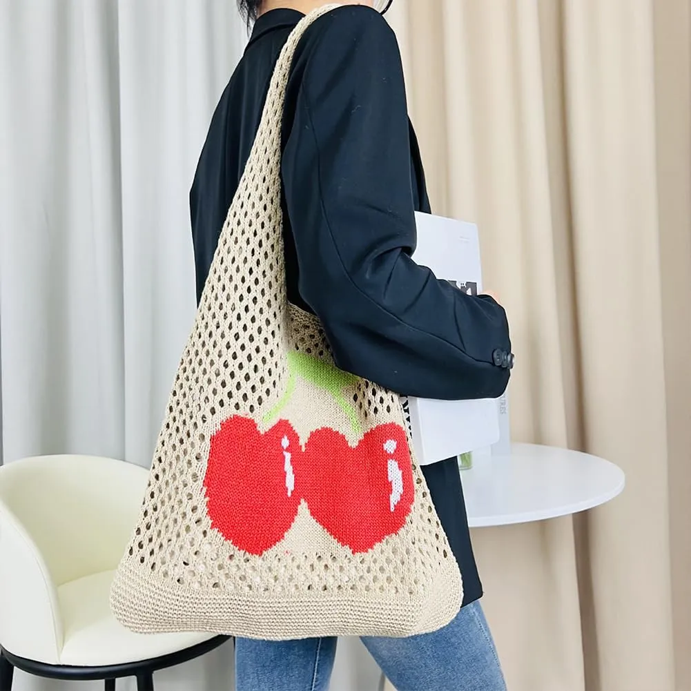 Women Cute Shoulder Bag Cherry Printed Knitting Shoulder Bag Large Capacity Travel Shopping Handbag Ladies Daily Han