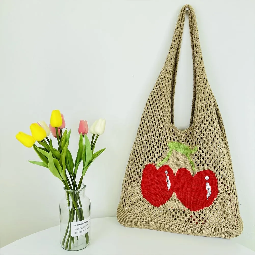 Women Cute Shoulder Bag Cherry Printed Knitting Shoulder Bag Large Capacity Travel Shopping Handbag Ladies Daily Han