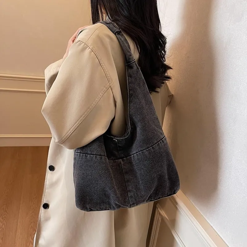 Women Denim Crossbody Tote Spacious Shoulder Bag with Wide Strap, Minimalist Canvas Purse for Daily Essentials Work Commute