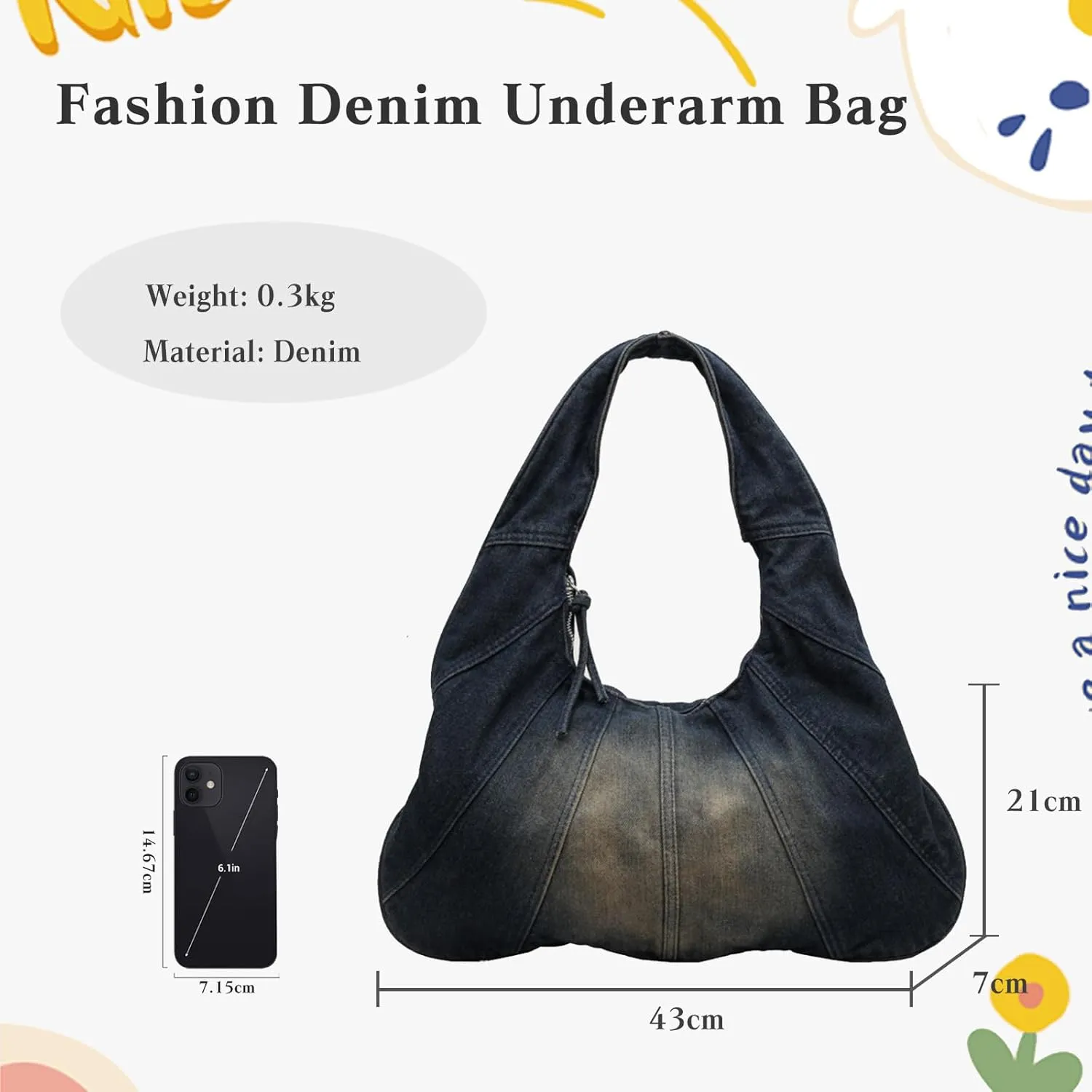 Women Denim Handbag Large Capacity Shoulder Bag Casual Tote Bag Retro Top Handle Bag Jean Purse Lightweight Hobo Bag