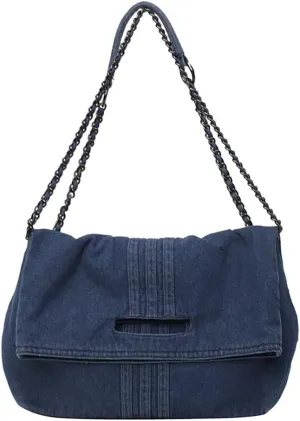 Women Denim Shoulder Handbag Retro Crossbody Bag Large Capacity Tote Purse Chain Strap Underarm Bag