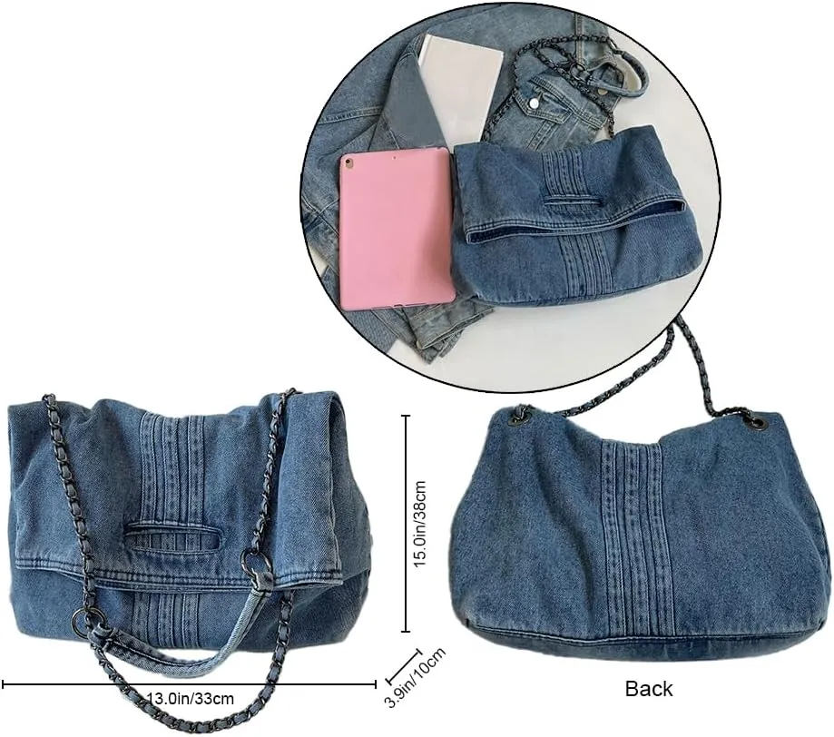 Women Denim Shoulder Handbag Retro Crossbody Bag Large Capacity Tote Purse Chain Strap Underarm Bag
