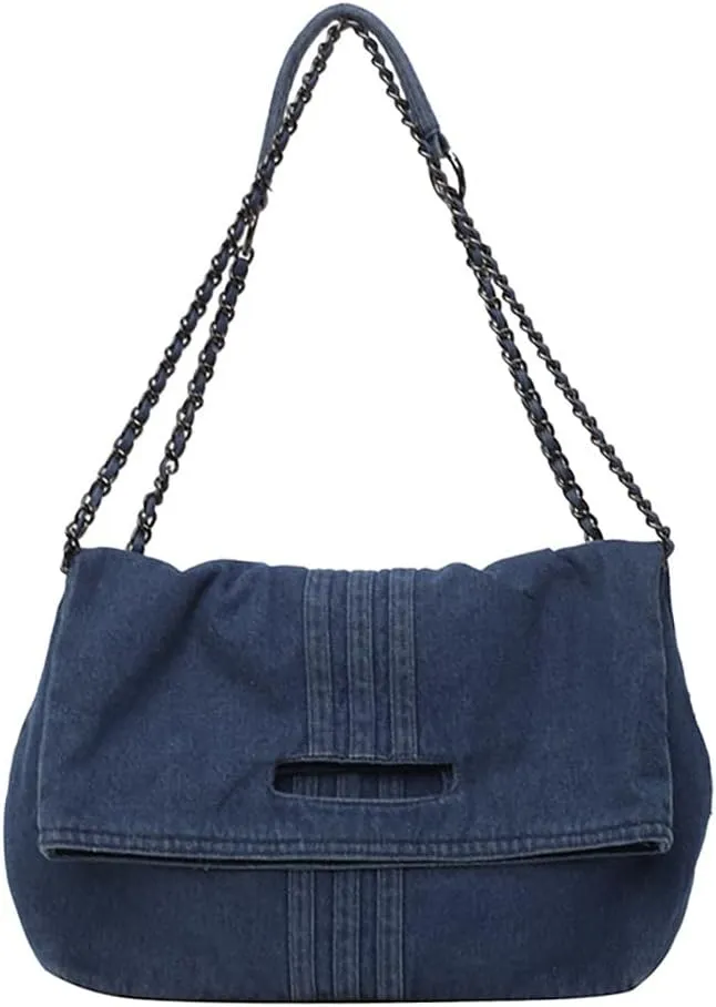 Women Denim Shoulder Handbag Retro Crossbody Bag Large Capacity Tote Purse Chain Strap Underarm Bag