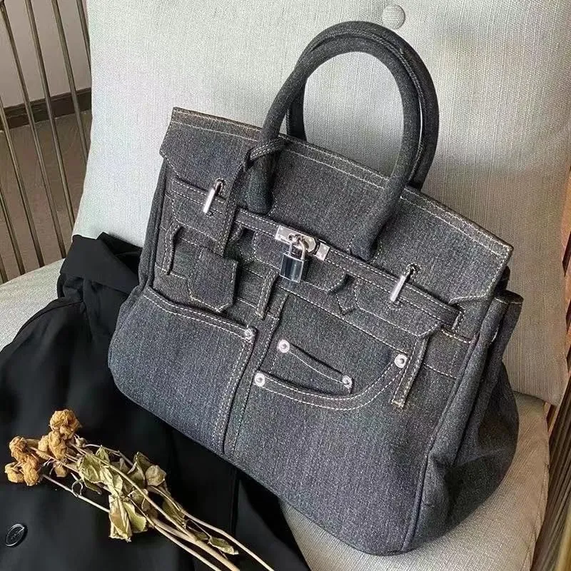 Women Designer Style Denim Handbag, Top Handle Tote with Drawstring Closure, Lady's Purse