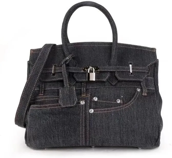 Women Designer Style Denim Handbag, Top Handle Tote with Drawstring Closure, Lady's Purse