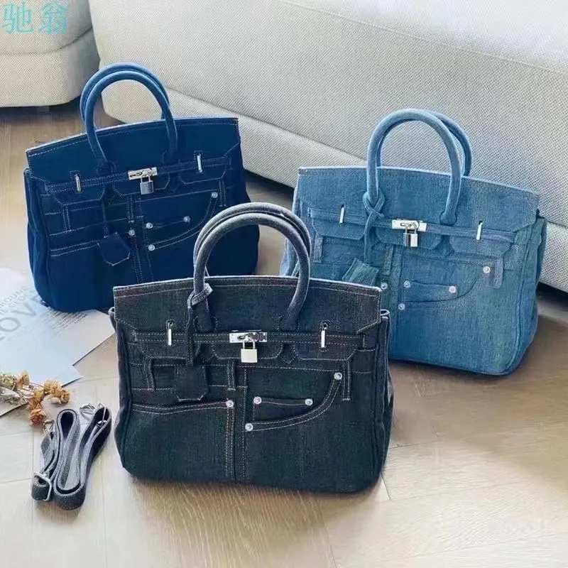 Women Designer Style Denim Handbag, Top Handle Tote with Drawstring Closure, Lady's Purse