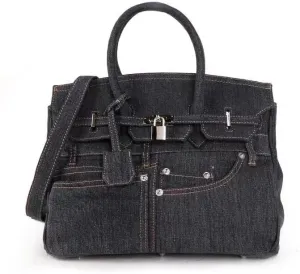 Women Designer Style Denim Handbag, Top Handle Tote with Drawstring Closure, Lady's Purse