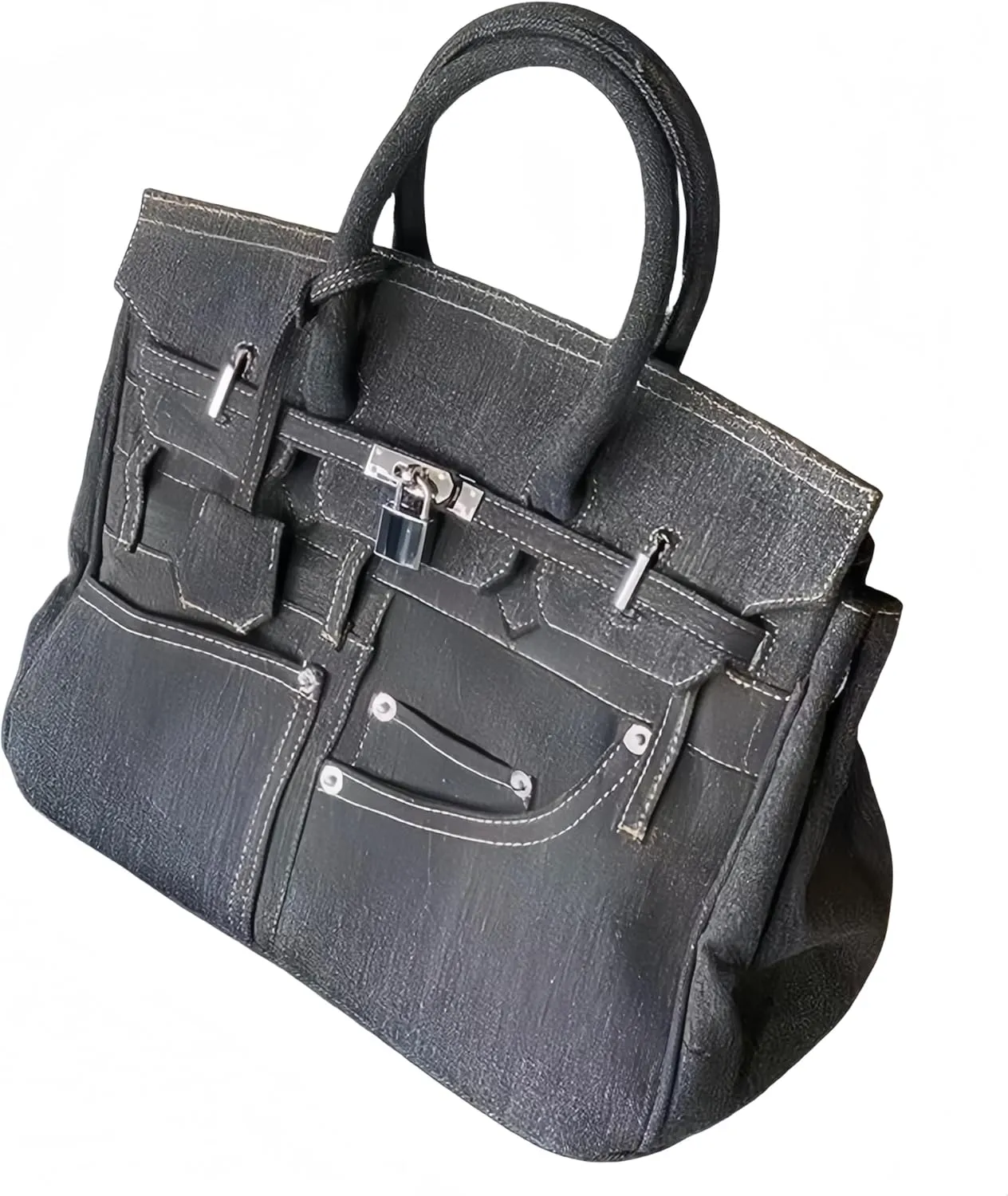 Women Designer Style Denim Handbag, Top Handle Tote with Drawstring Closure, Lady's Purse