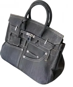Women Designer Style Denim Handbag, Top Handle Tote with Drawstring Closure, Lady's Purse