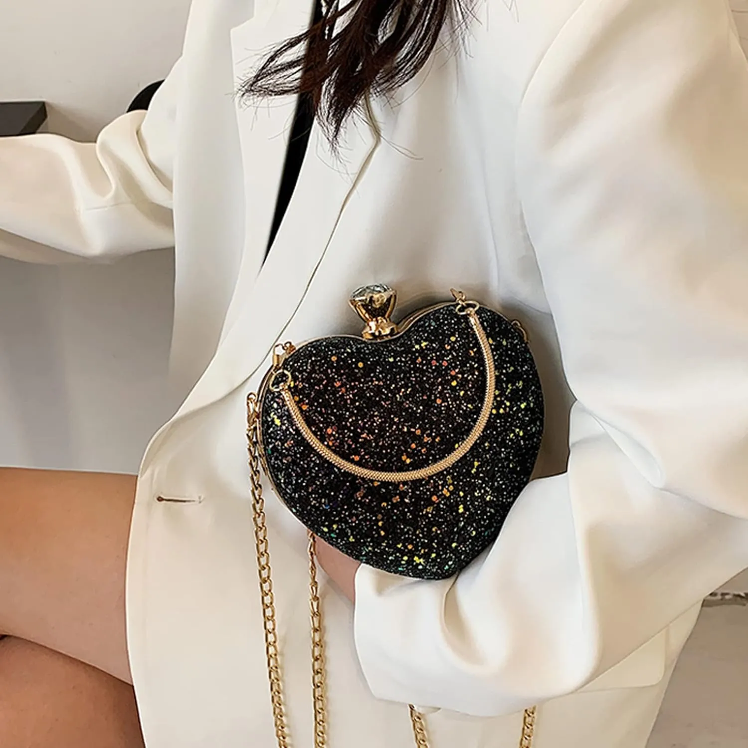 Women Exquisite Heart Shape Evening Clutch Velvet Leather Tote Handbag Chain Party Shoulder Crossbody Red