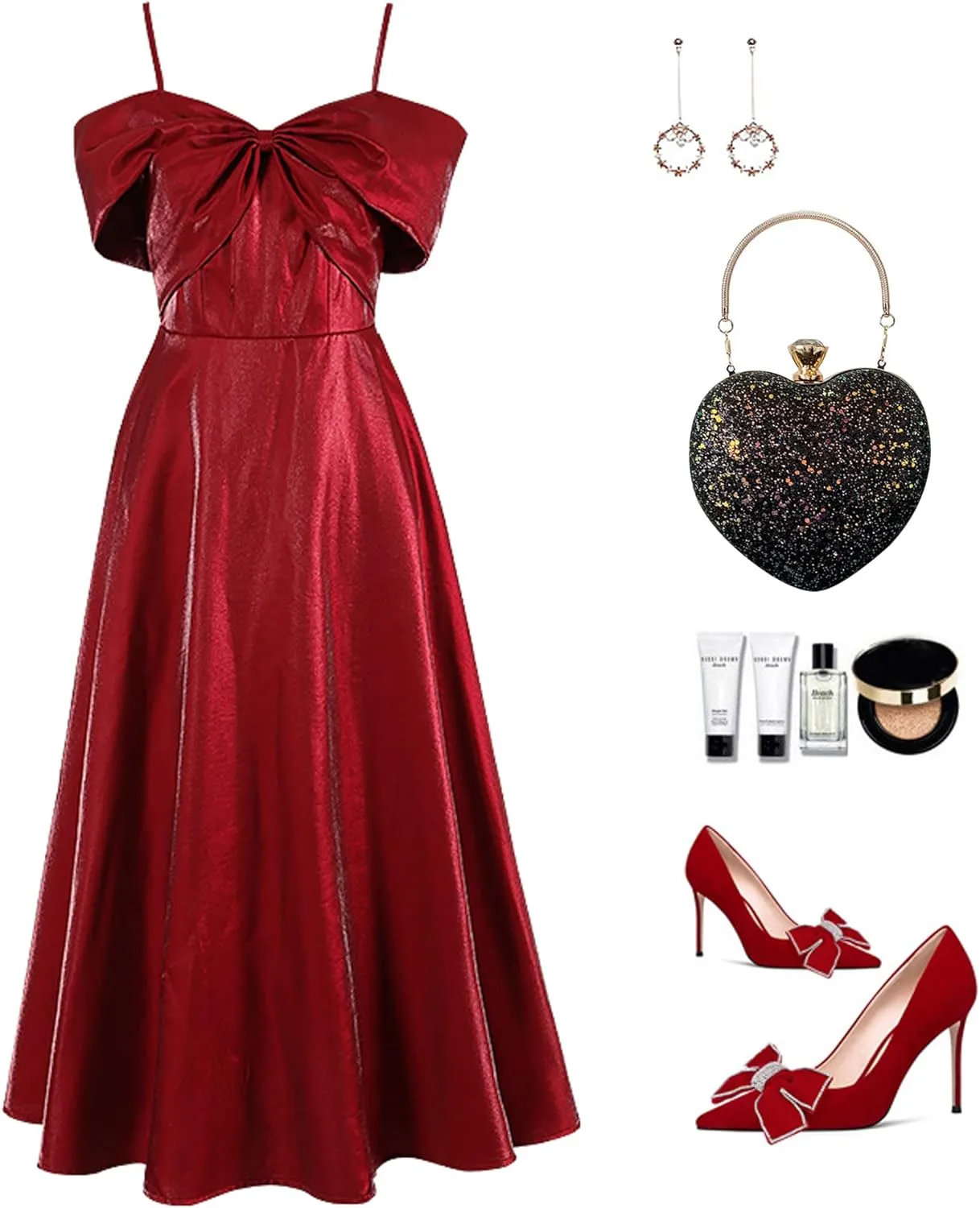 Women Exquisite Heart Shape Evening Clutch Velvet Leather Tote Handbag Chain Party Shoulder Crossbody Red