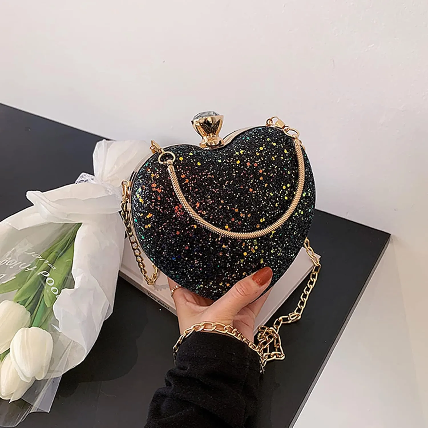 Women Exquisite Heart Shape Evening Clutch Velvet Leather Tote Handbag Chain Party Shoulder Crossbody Red