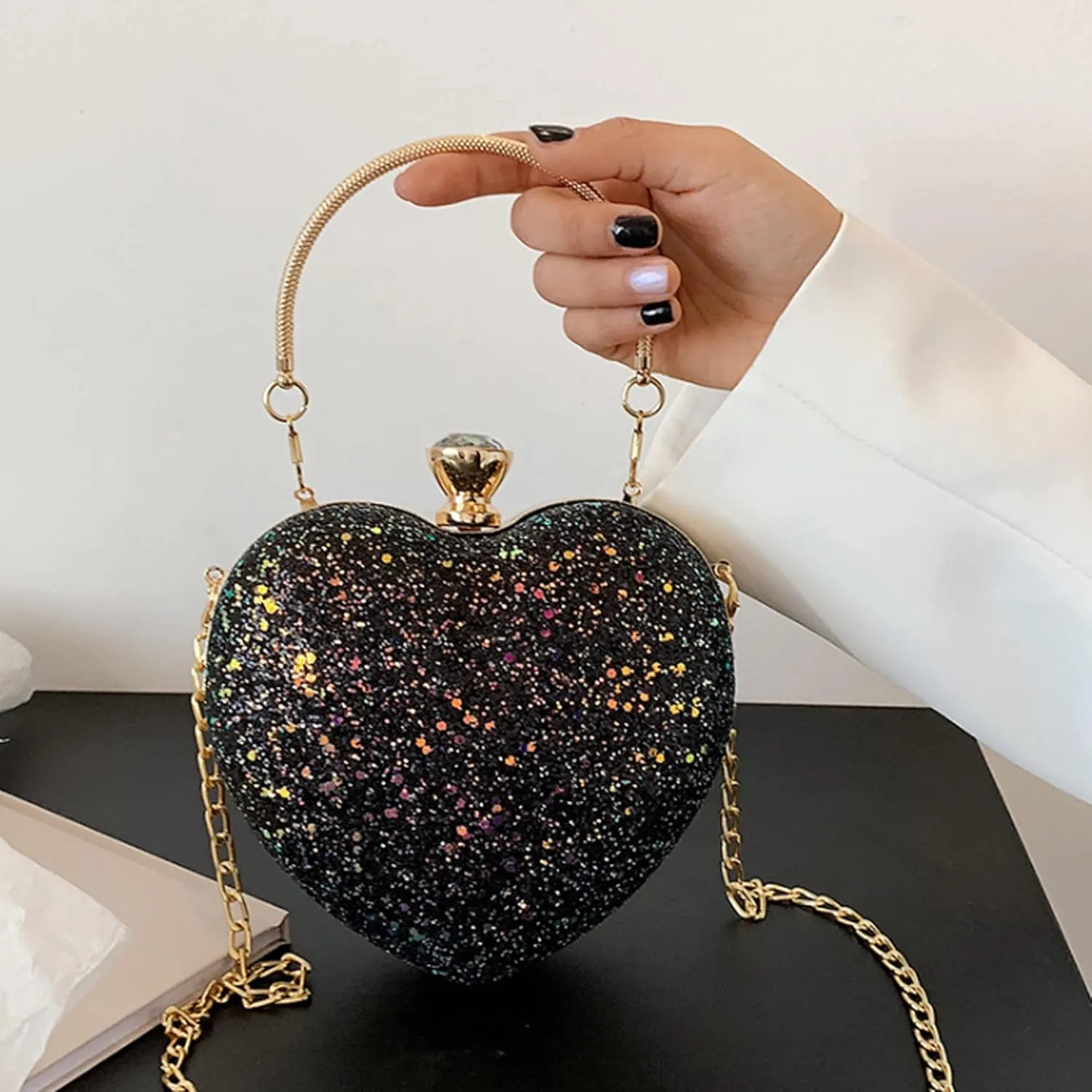 Women Exquisite Heart Shape Evening Clutch Velvet Leather Tote Handbag Chain Party Shoulder Crossbody Red