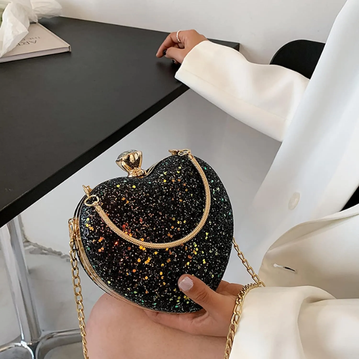 Women Exquisite Heart Shape Evening Clutch Velvet Leather Tote Handbag Chain Party Shoulder Crossbody Red