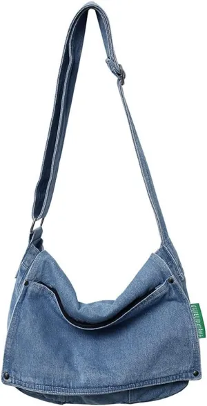 Women Fashion Denim Casual Crossbody Bag Large Capacity Tote Bag Wide Strap Shoulder Bag for Shopping Working