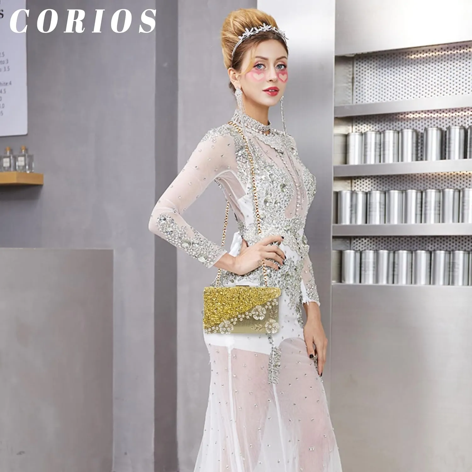 Women Flower Evening Bag Rhinestone Clutch Bag Sparkly Crystal Handbag Pearl Beaded Shoulder Bag Bridal Wedding Purse