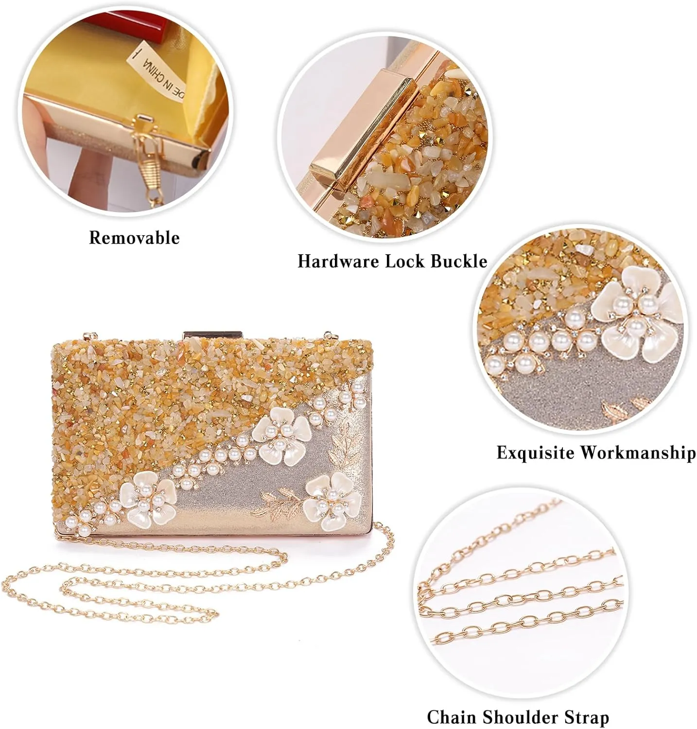 Women Flower Evening Bag Rhinestone Clutch Bag Sparkly Crystal Handbag Pearl Beaded Shoulder Bag Bridal Wedding Purse