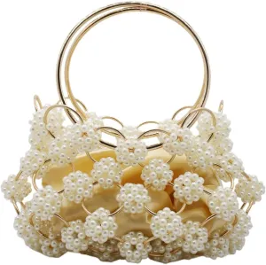 Women Handmade Pearl Evening Handbag Bride Purse Elegant Flower Beaded Clutch Bag for Party Wedding Banquet Prom