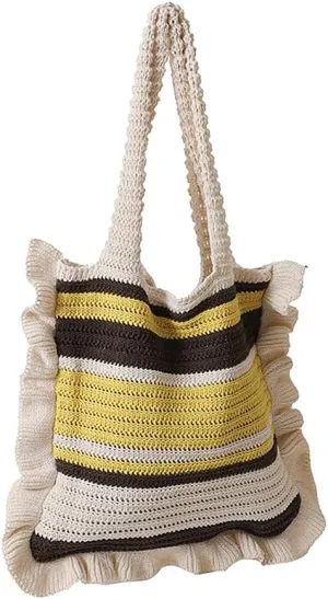 Women Knitted Shoulder Handbag Clashing Striped Underarm Bag with Ruffle Trim Woven Tote Purse