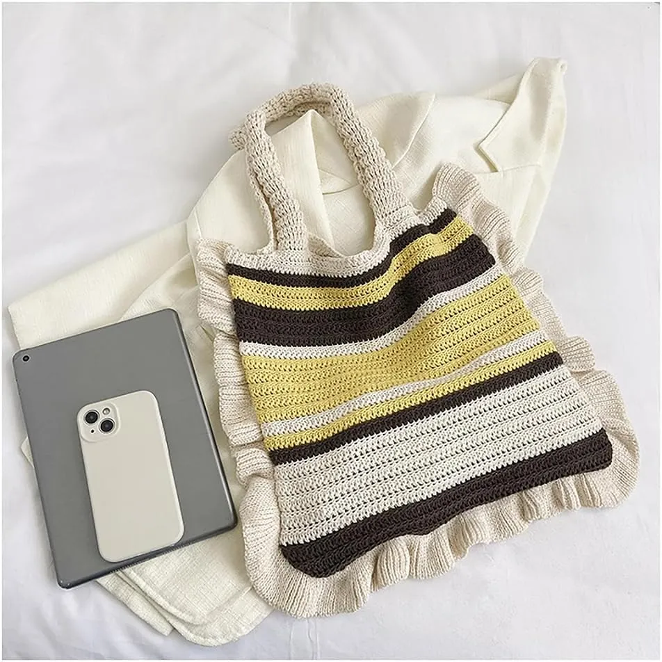 Women Knitted Shoulder Handbag Clashing Striped Underarm Bag with Ruffle Trim Woven Tote Purse