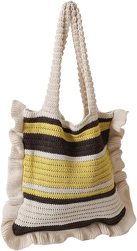 Women Knitted Shoulder Handbag Clashing Striped Underarm Bag with Ruffle Trim Woven Tote Purse