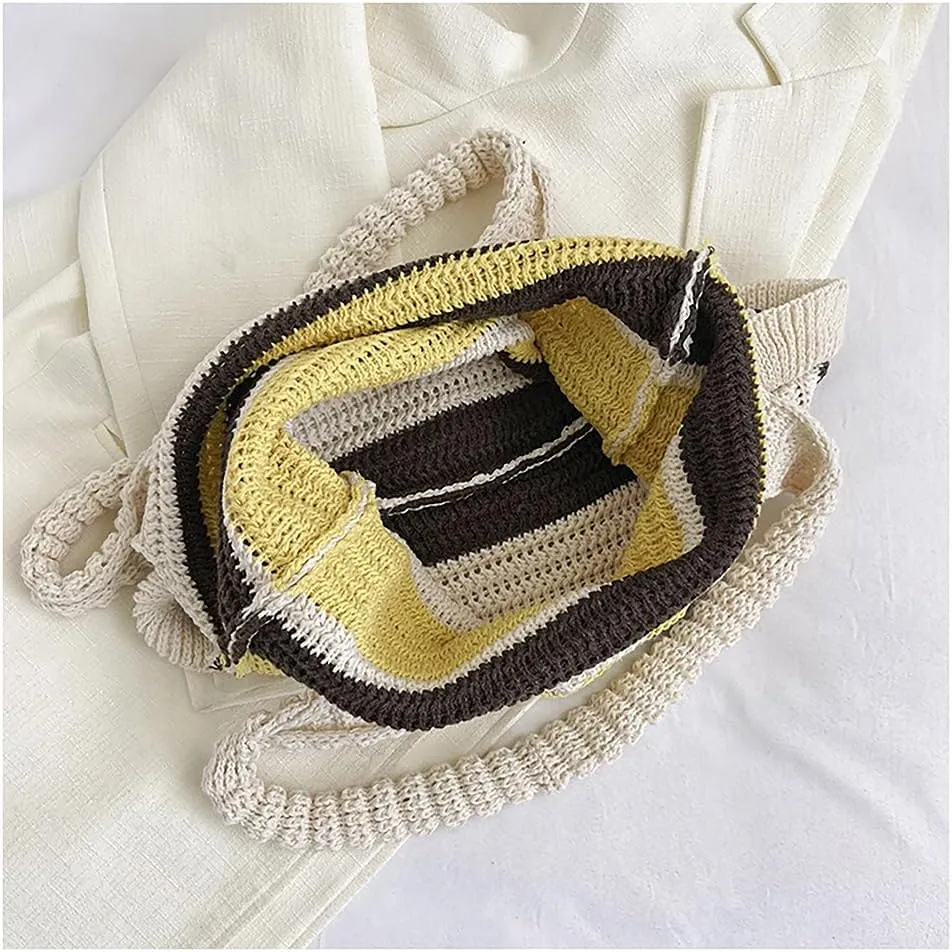 Women Knitted Shoulder Handbag Clashing Striped Underarm Bag with Ruffle Trim Woven Tote Purse