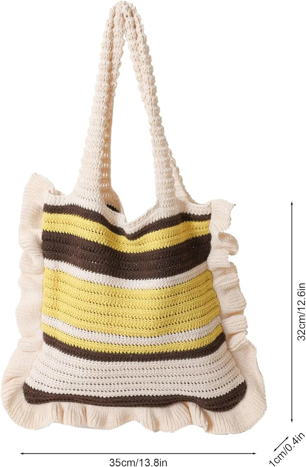 Women Knitted Shoulder Handbag Clashing Striped Underarm Bag with Ruffle Trim Woven Tote Purse