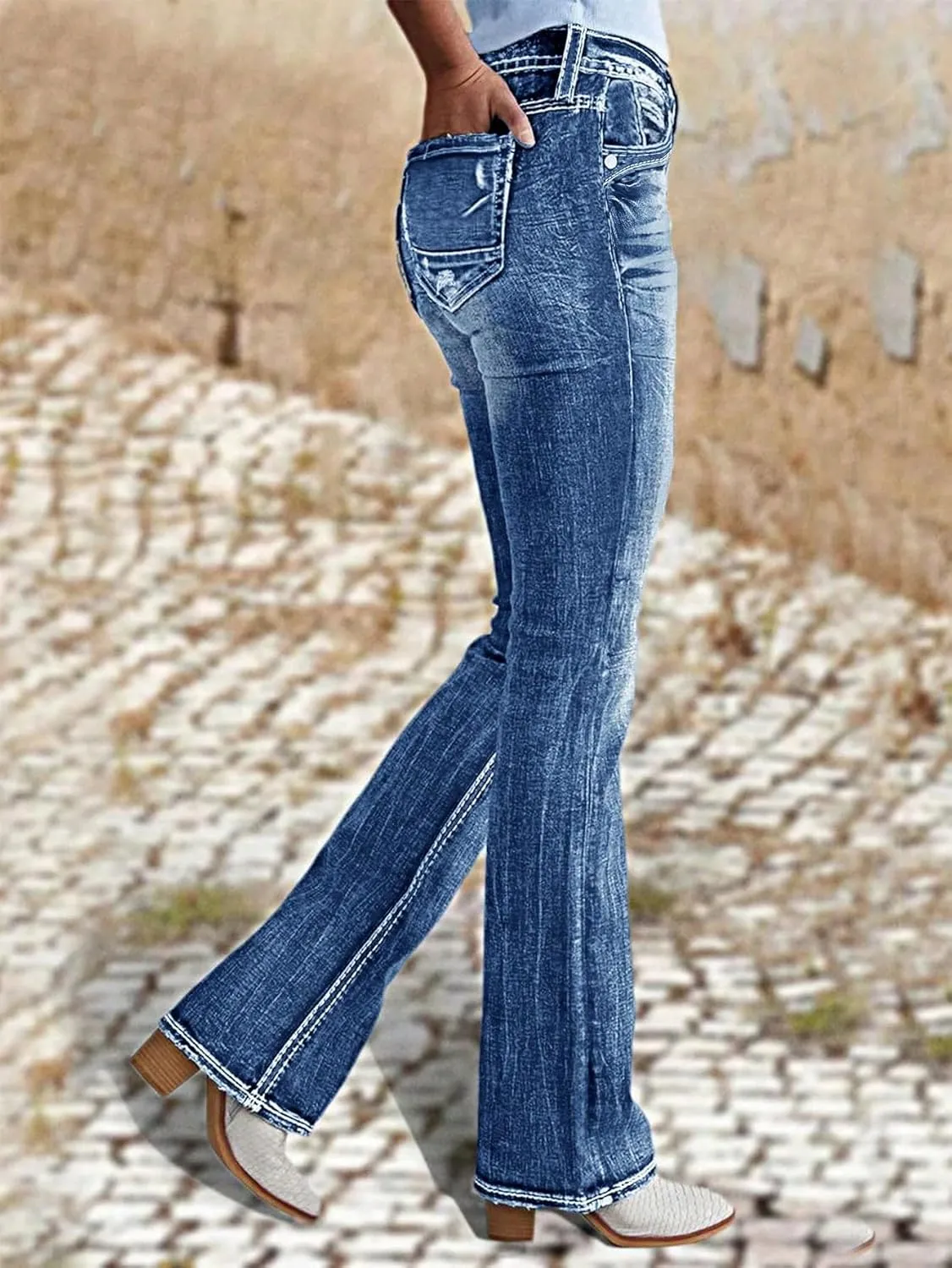 Women Mid Waisted Bootcut Jeans Zip Stretchy Slim Casual Double Button Flare Denim Pants with Distressed Pocket